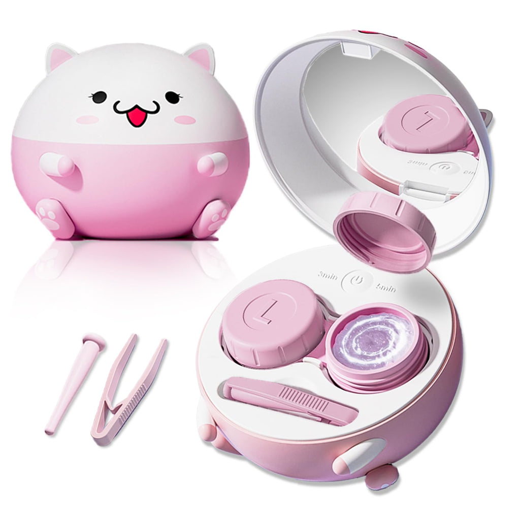 Vastsoon Cute Contact Lens Cleaner, Case Cleaning Machine with Solution Soak Case and Contact Lens Applicator Tool for Daily Vision Care, Travel Size (Pink)