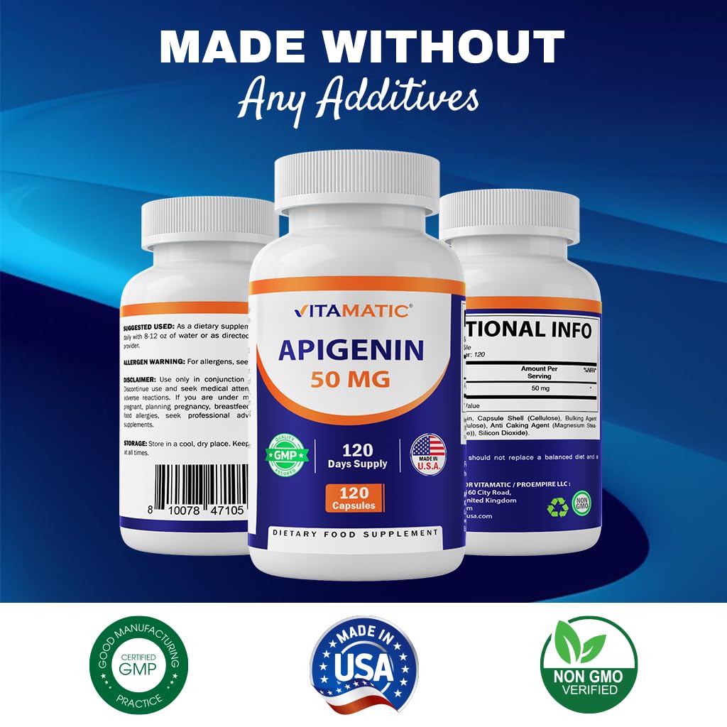 Vitamatic Apigenin 50 mg, 120 Capsules, Made in USA - 2 Pack