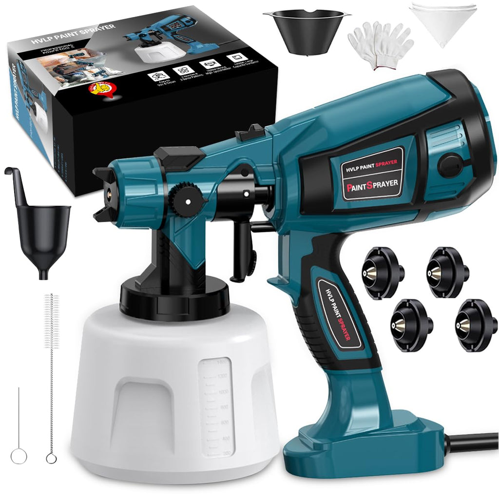 1000W High Power Paint Sprayer - HVLP Electric Spray Paint Gun with 4 Copper Nozzles & 3 Patterns, Large Capacity Power Painter for Furniture, Cabinets, Fence & House Painting (Blue)