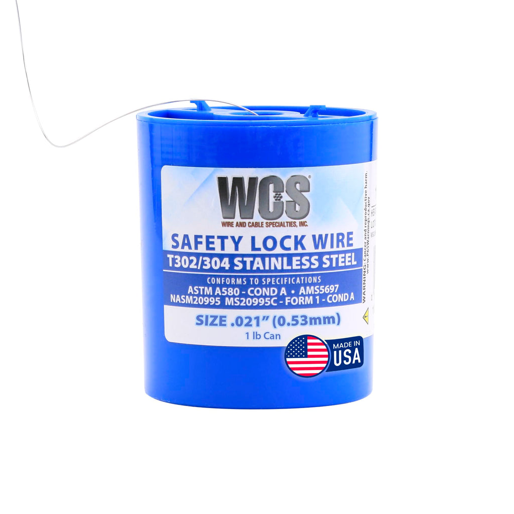 WCS .021 Stainless Steel Safety Lock Wire, T302/304, NASM20995C MS20995C, ASTM A580 Condition A, AMS569, Mechanics Wire for Aircraft, Automotive, & Industrial Use, 1lb Dispenser Can, Approx 840 ft