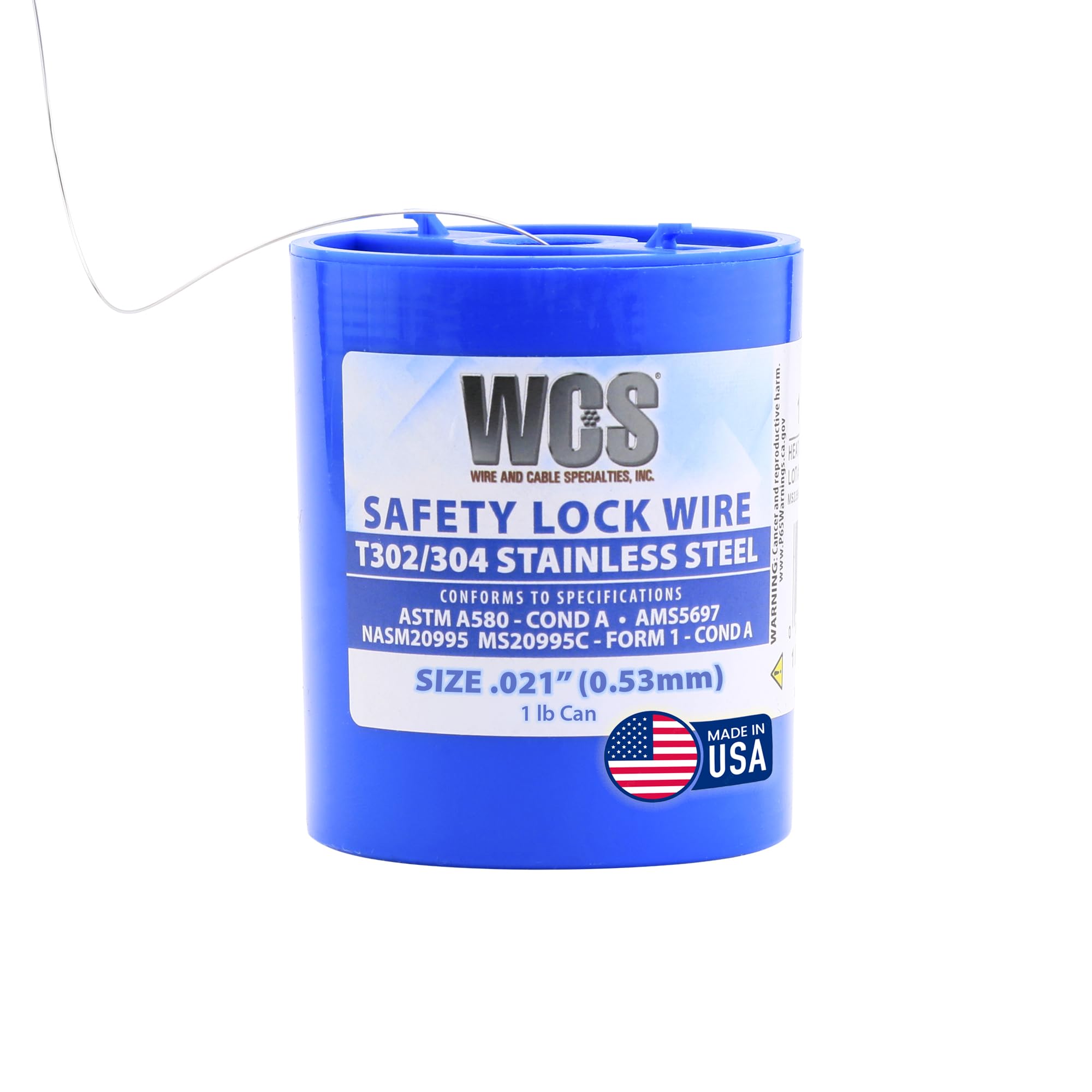 WCS .021 Stainless Steel Safety Lock Wire, T302/304, NASM20995C MS20995C, ASTM A580 Condition A, AMS569, Mechanics Wire for Aircraft, Automotive, & Industrial Use, 1lb Dispenser Can, Approx 840 ft