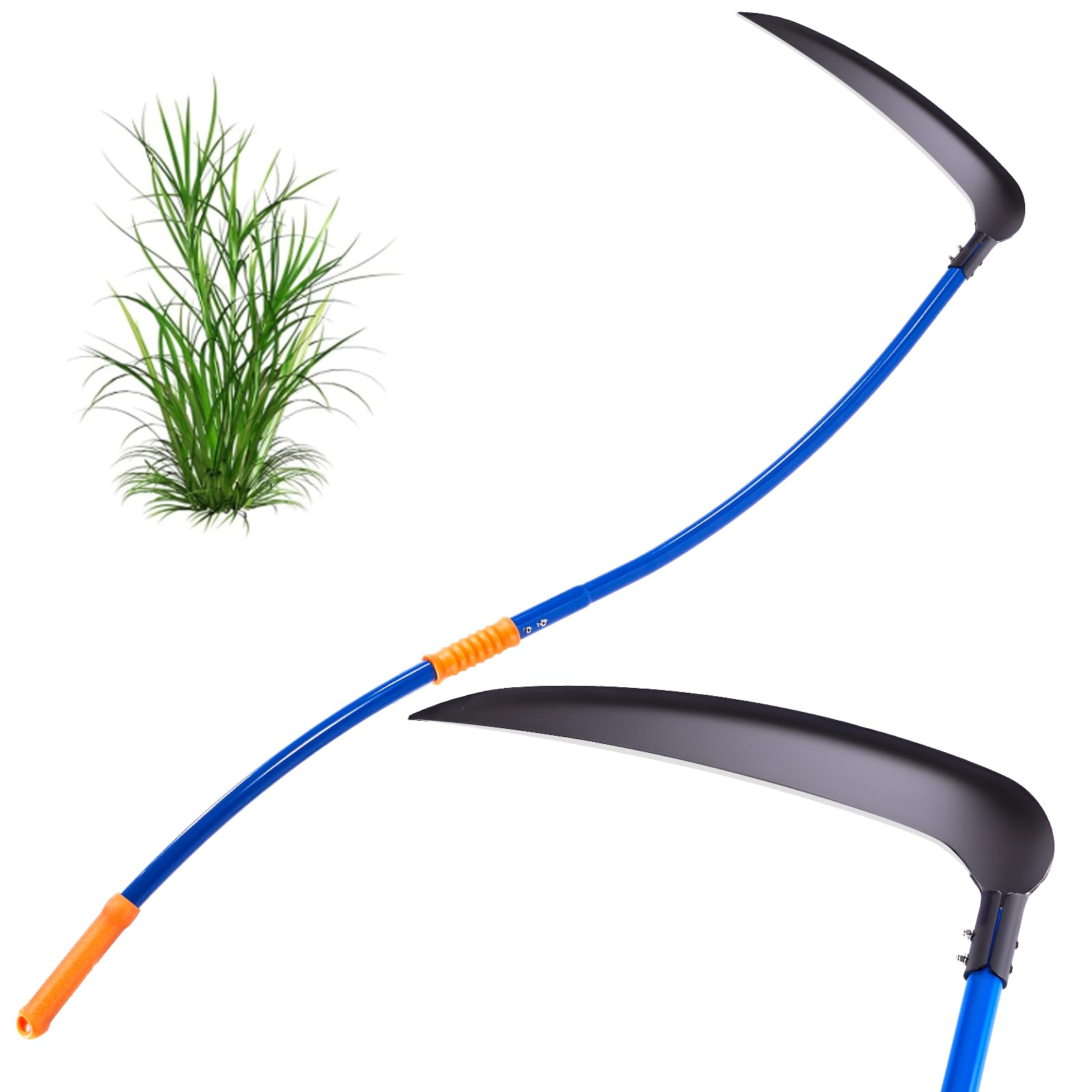 20'' Scythe Tool for Grass Cutting, Unique Curved Stainless Steel Pole, Adjustable Dual-hand Grip, Professional-Grade Blade, for Clearing Bushes, Vines, Fields, Ditches, Paths, Landscaping, 61in.