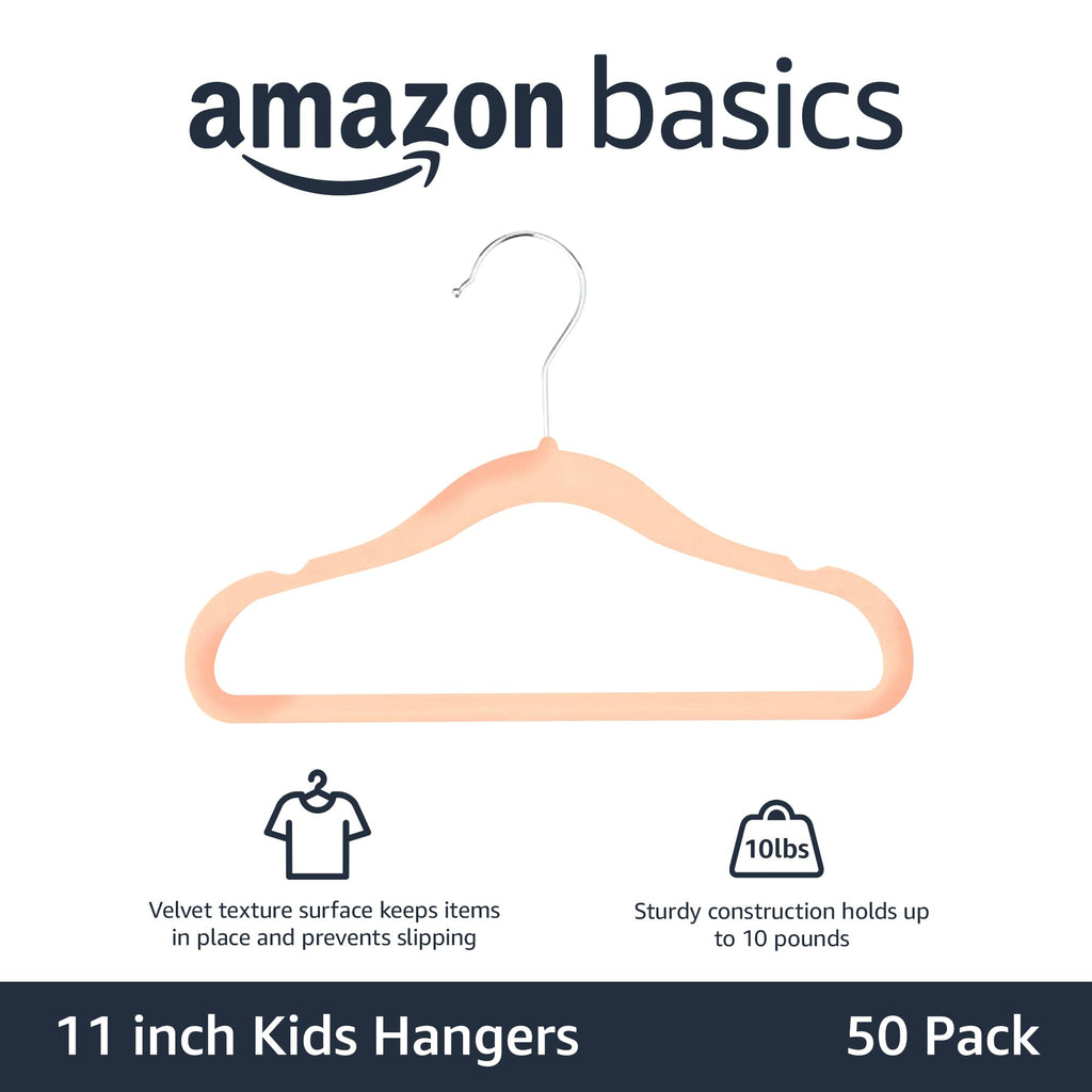 Amazon Basics Kids Space Saving Velvet Non-Slip Clothes Hangers with Shoulder Notches for Infant and Toddler, 11.6", Blush, 50-Pack