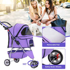 BestPet 3 Wheels Pet Stroller Dog Cat Cage Jogger Stroller for Medium Small Dogs Cats Folding Travel Carrier with Cup Holder, Waterproof Design & Removable Liner, Purple