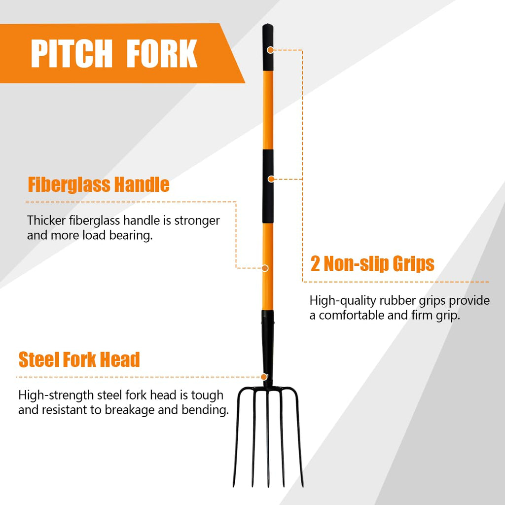 VNIMTI Pitch Fork for Gardening, 5 Tine Pitchfork Heavy Duty with Fiberglass Handle, 58 Inches