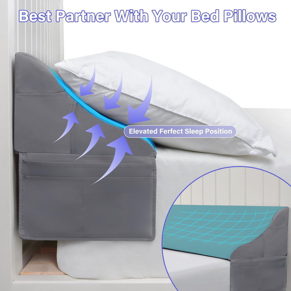 Vekkia Queen Bed Wedge Pillow for Headboard Gap – 0–6" Mattress Gap Filler with Supportive Comfort Foam & Large Side Pockets – Prevents Lost Pillows & Items, Washable Cover (Gray 60"x10"x7")