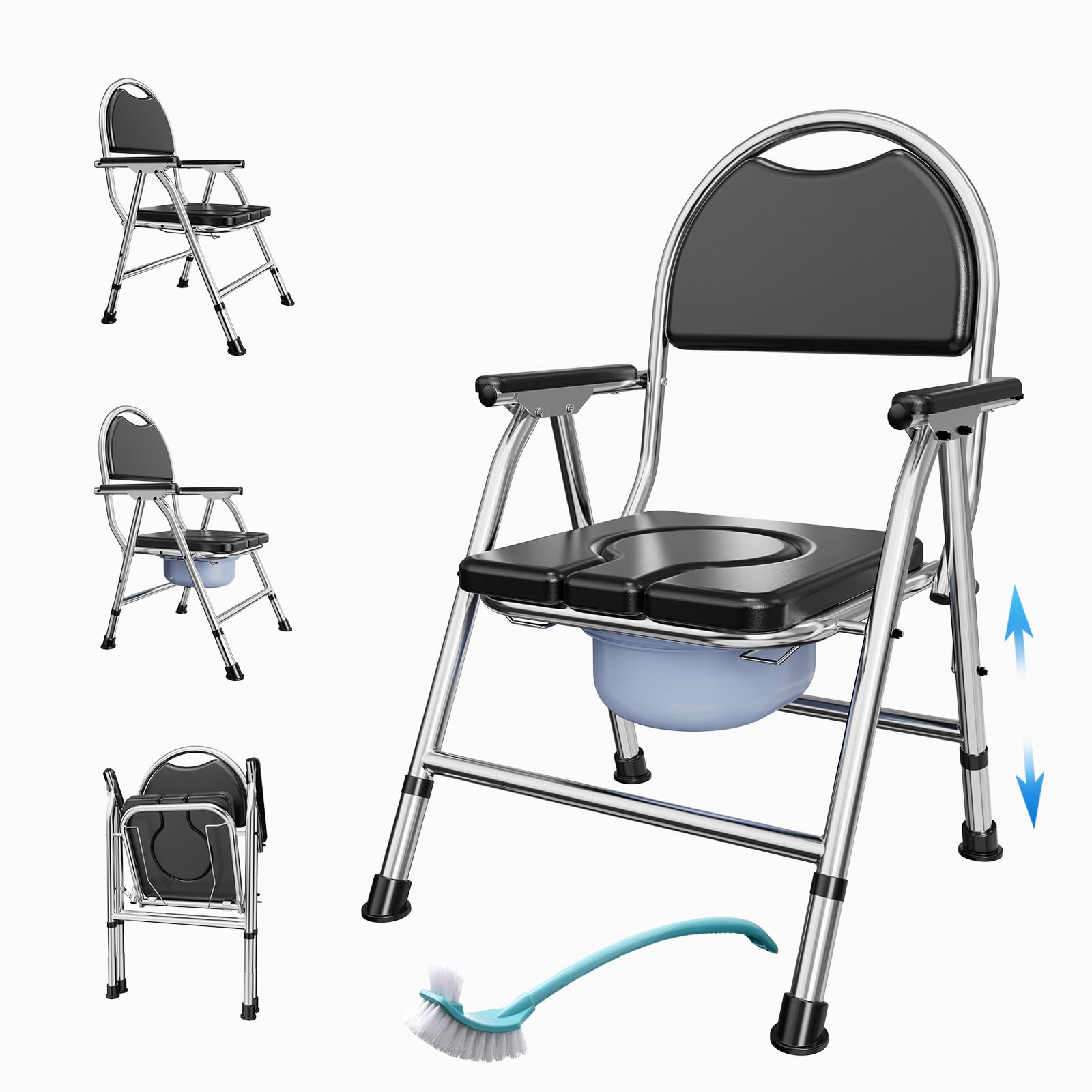 4 in 1 Folding Bedside Commode Chair for Elderly with Arms and Back,Adjustable Height Raised Toilet Seat with Handles,Adults Potty Chair for Seniors,Disabled Holds Up to 350 lbs (PU Soft Seat)