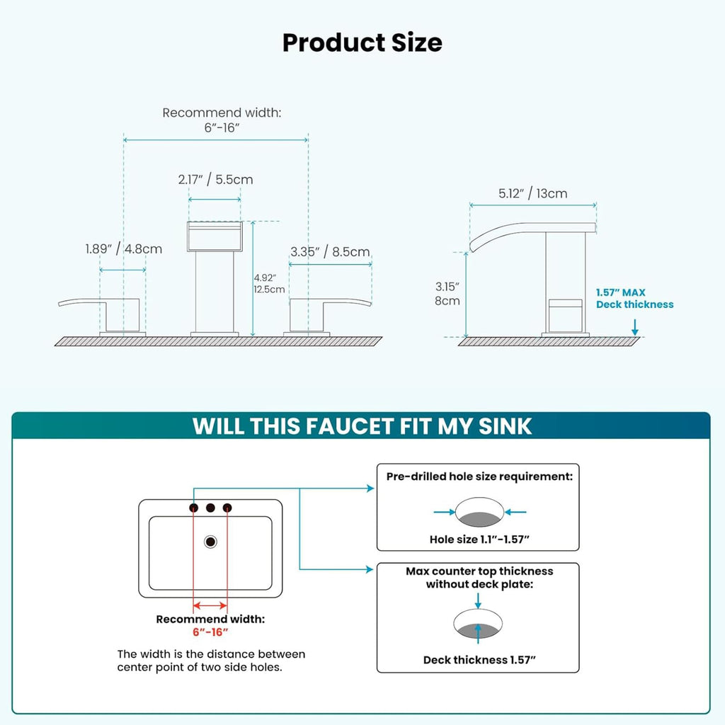 gotonovo Waterfall 8 inch Widespread Bathroom Faucet Set Bathroom Sink Faucet 3 Hole 2 Handle Vanity Lavatory Deck Mount with Pop Up Drain and Water Supply Lines Round Body Brushed Nickel
