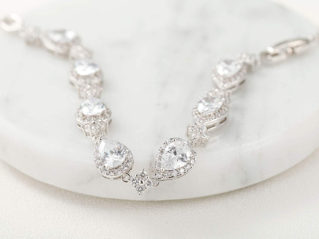 SWEETV Wedding Teardrop Bracelets for Brides Bridesmaids, Crystal Cubic Zirconia Bridal Bracelets for Women Prom, Silver