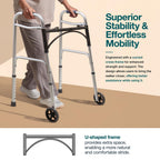 Medical King Silver Aluminum Rolling Walker for Seniors and Adults, 350 Pounds Weight Capacity, Foldable, Classic Style