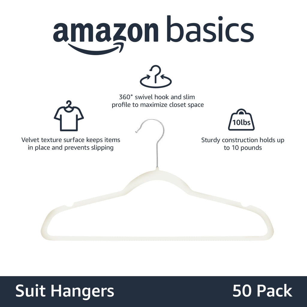 Amazon Basics Slim Velvet Non-Slip Space Saving Suit Clothes Hangers with Shoulder Notches for Closet Organization, Ivory/Silver, 50-Pack