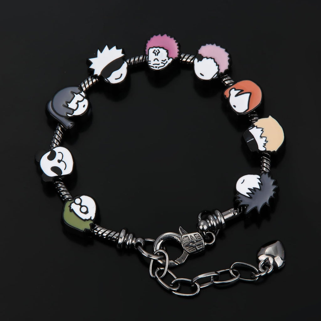 SONGCHANGJEWELRY DIY JJK Charm Bracelet Gifts – 9 Mini Anime Faces in Chibi Style – Gojo, Yuji, Sukuna, Panda & More – Removable Alloy Chain for Fans and Collectors