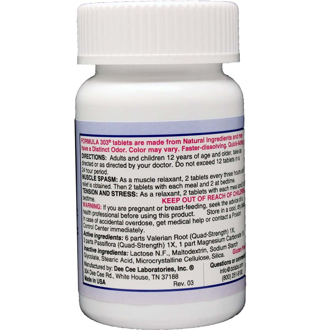 Dee CEE Labs Formula 303 Maximum Strength Tablets, 90 Tablets; All-Natural containing Magnesium for Sore Muscles, Passion Flower, and Valerian Root