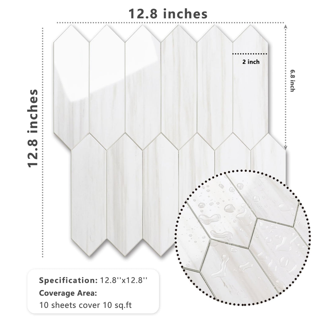 Vamos Tile Glossy Dolomite White Backsplash Tile Peel and Stick, 12.8 x 12.8 Inch 10 Sheets Long Hexagon PVC Self Adhesive Mosaic Wall Tiles Stick on Backsplash for Kitchen and Bathroom