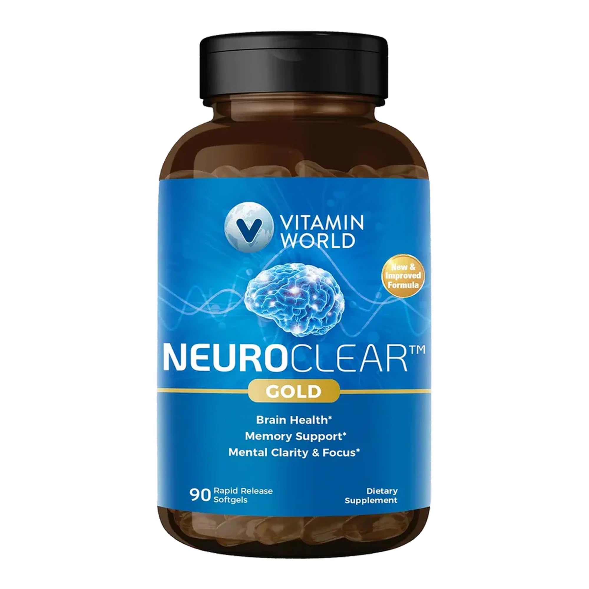 Vitamin World Phosphatidylserine 300mg, 50% Standardized, with DHA & Ginkgo Biloba, Supports Brain Health, Cognitive Function, Memory & Focus, Neuroclear Gold Made with Non-GMO Soy, 90 Softgels