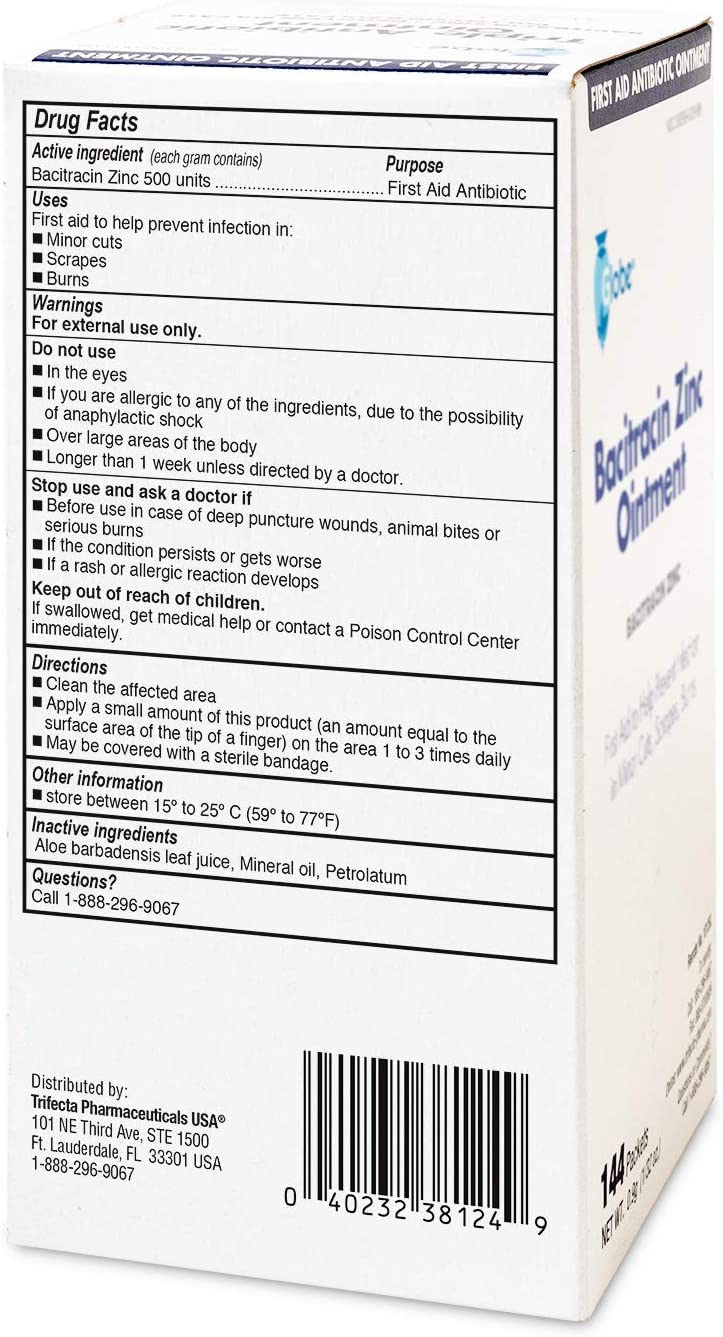 Globe Bacitracin Zinc Ointment, 144 Pack, Single Use Packets, 0.9 g