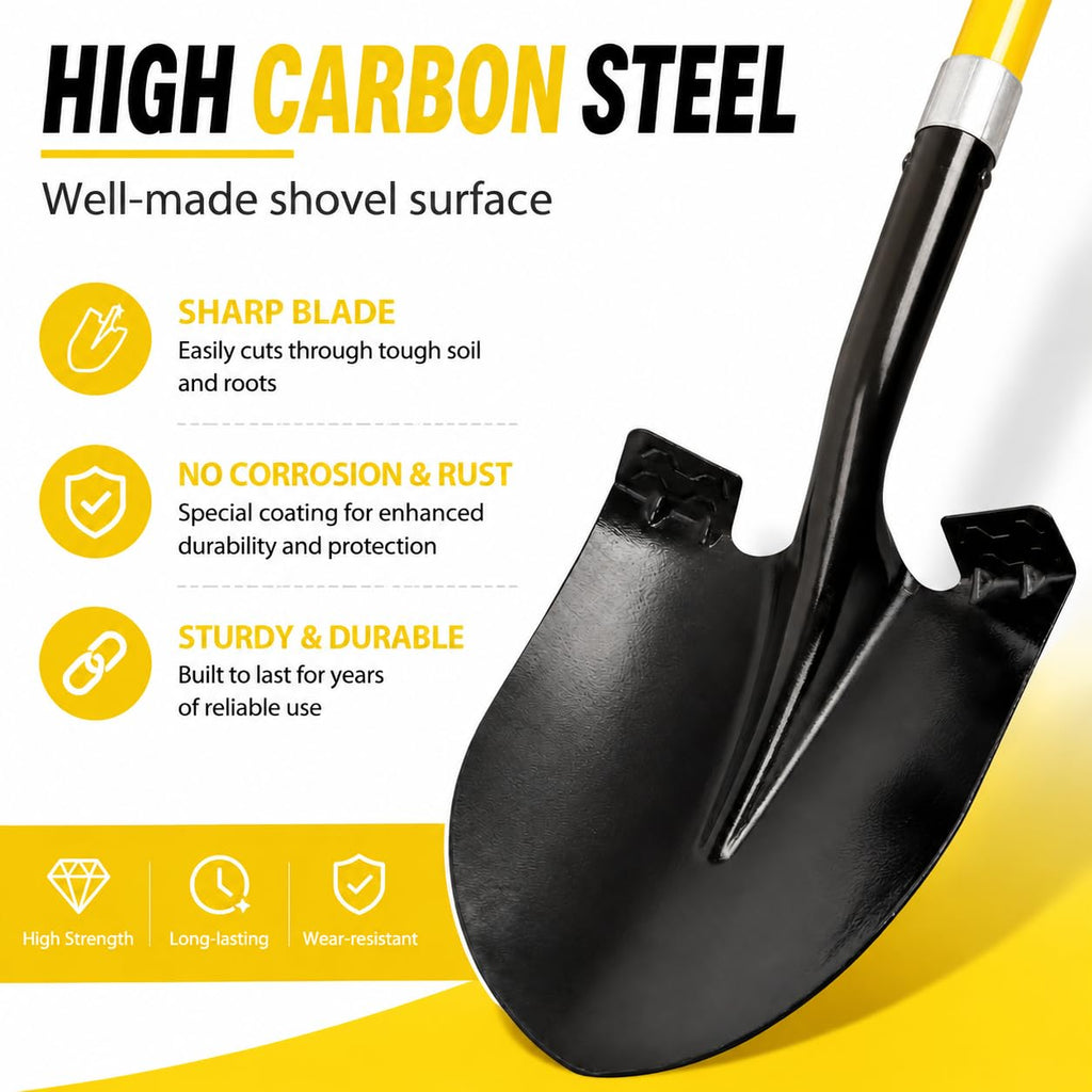 VNIMTI Heavy Duty Gardening Shovel, 56 Inch Round Blade with Fiberglass Handle (Yellow)