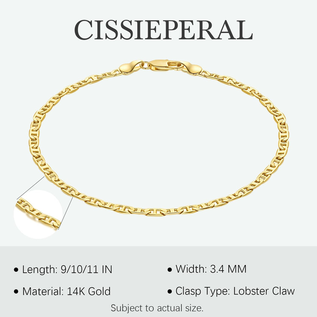 CISSIEPERAL Ankle Bracelets 14K Gold Ankle Bracelets for Women 3.6mm 9-11”