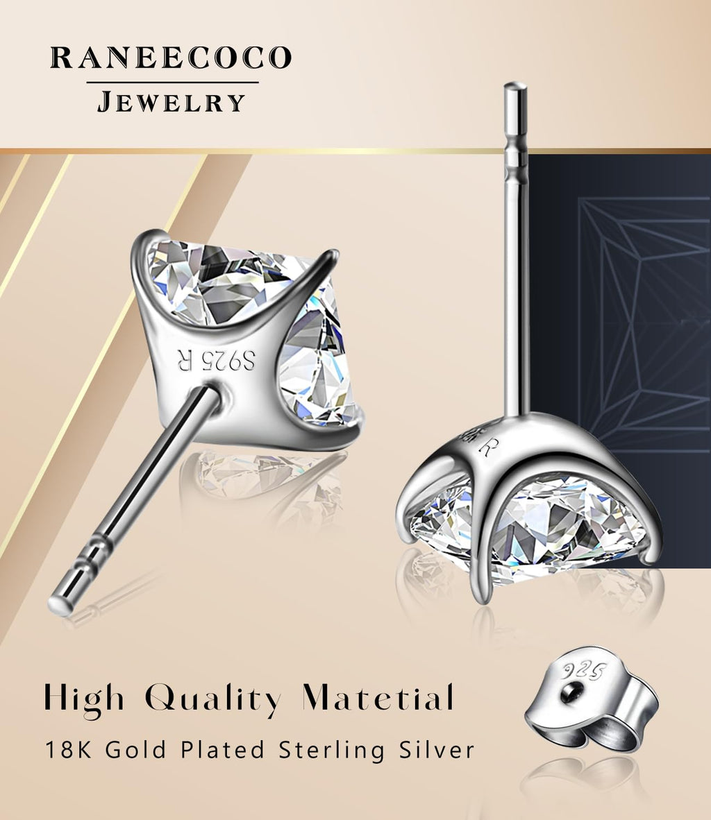 ”STUNNING FLAME“ 18K Gold Plated Sterling Silver Princess Cut Cubic Zirconia Stud Earrings for men women(w-7)