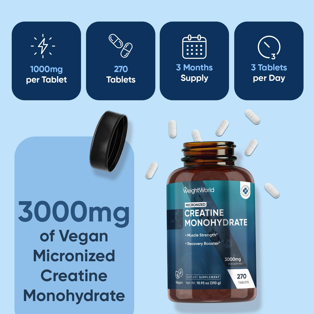 WeightWorld Micronized Creatine Monohydrate 3000mg Vegan Tablets | Muscle Strength & Recovery Booster | 3 Months Supply - 270 Tabs | Creatine for Women & Men | Non-GMO, Gluten-Free | 3 Tablets a Day