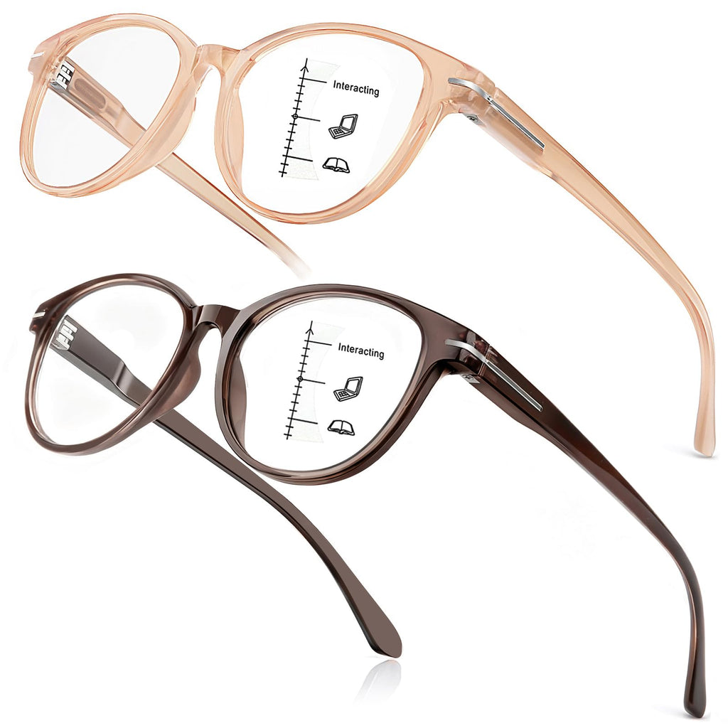 SKYOLUY 2 PCS Distinctive Progressive Multifocus Reading Glasses Women, Retro Anti Blue Light/Eye Fatigue/UV Computer Readers, Vintage Lady No-Line Multifocal Eyeglasses (Brown&Light Apricot, 1.5x)
