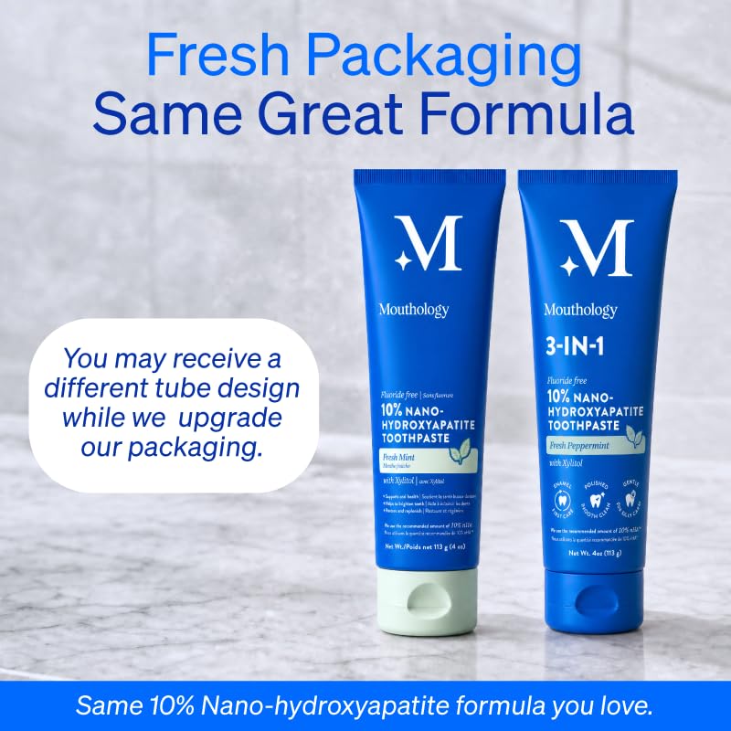 Mouthology 10% Nano Hydroxyapatite Toothpaste (3pk, Fluoride Free), Whitening*, Supports Enamel Care*, Appropriate for Sensitive Teeth*, SLS Free, Xylitol nHA Toothpaste Adults, Mint 4oz (USA Made)