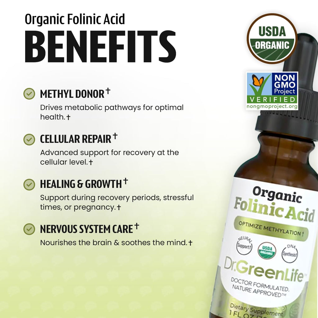 Dr. Green Life USDA Organic Folinic Acid Drops - 500 mcg per Drop | Methylation Support B9 Supplements for Kids & Adults | Supports Neurological Function, Nervous System Health & DNA Synthesis