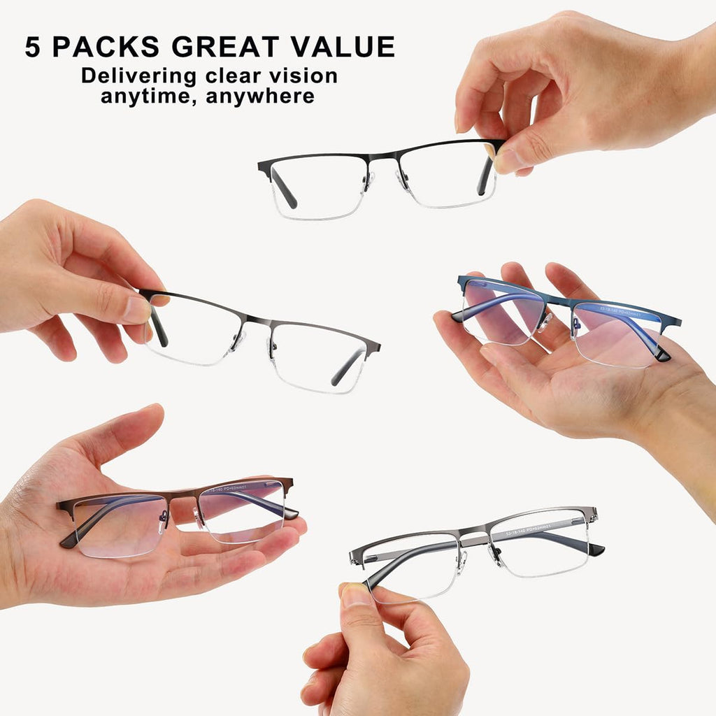 EYECEDAR 5 Pack Quality Reading Glasses Men Metal Half Frame Spring Hinges Blue Light Blocking Computer Eyeglasses Readers for Men 2.0