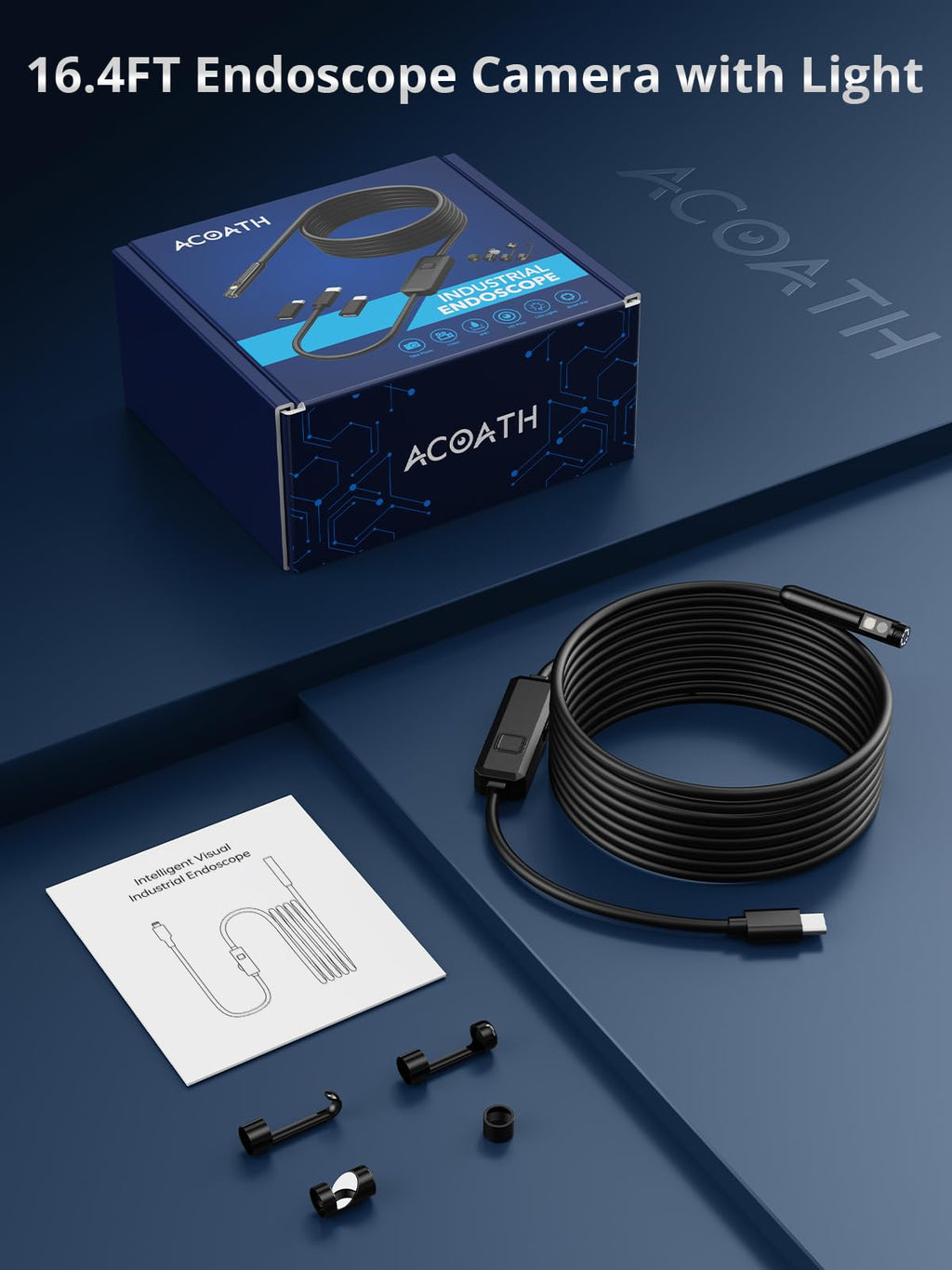Acoath Endoscope Camera with Light, Dual-Lens 1920P HD Borescope with 8 Adjustable LED Lights, IP67 Waterproof Boroscope Inspection Tools, 16.4ft Semi-Rigid Snake Camera for iOS & Android