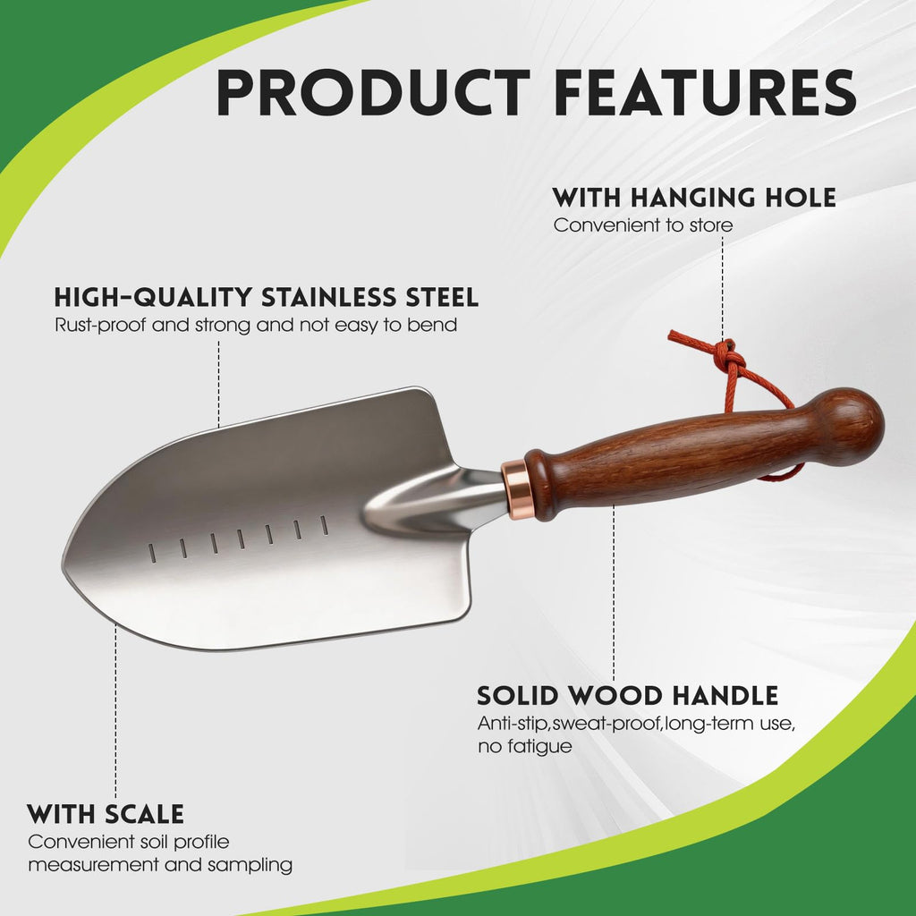 Zenrok Garden Tools, 4 Pack Garden Shovel with Wooden Handles Hand Tools with Transplanting Hand Shovel, Rake and Root Picker Ideal for Digging and Planting