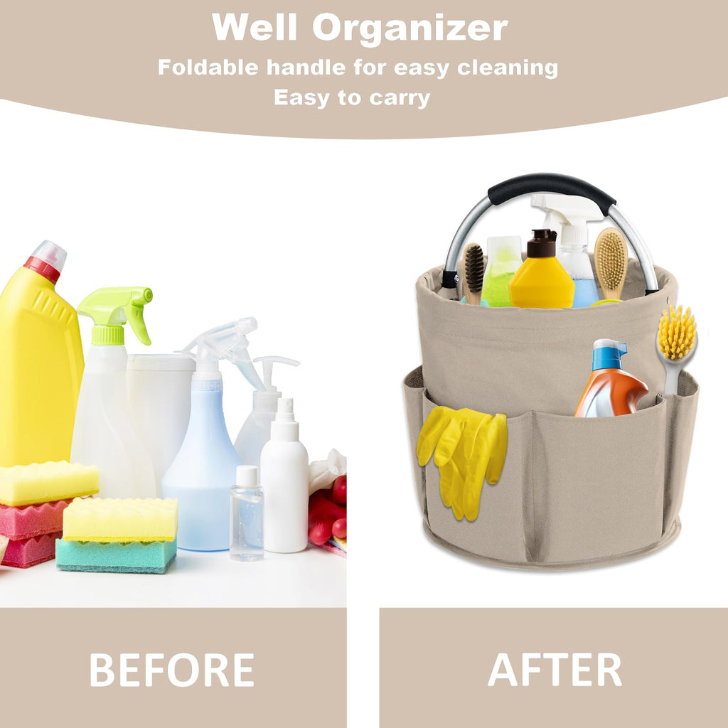 abcmilz 17L Cleaning Caddy with Handle, Cleaning Supplies Organizer, Foldable Storage Basket, Cleaning Supply Caddy, Portable Multi Cleaning Bucket Bag for Home, Garden (Khaki)