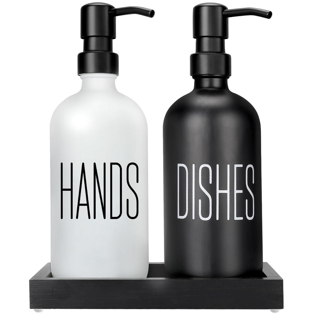 Kitchen Soap Dispenser Set with Silicone Tray, Premium Glass Hand and Dish Soap Dispenser Set for Kitchen Sink, Rustproof Stainless Steel Pump, Modern Kitchen Décor & Versatile Gift for Any Occasion