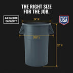 Kleen Commercial Brute Heavy-Duty Round Trash Can, 44-Gallon, Gray, Utility Garbage Container, Landscapers/Construction Sites/Restaurants/Offices/Warehouses Made in USA