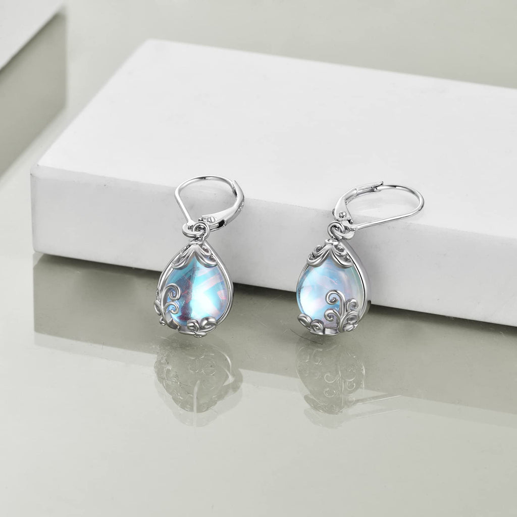 POPLYKE Moonstone Filigree Teardrop Drop Dangle Earrings Sterling Silver Leverback Earrings Moonstone Jewelry Gifts for Women