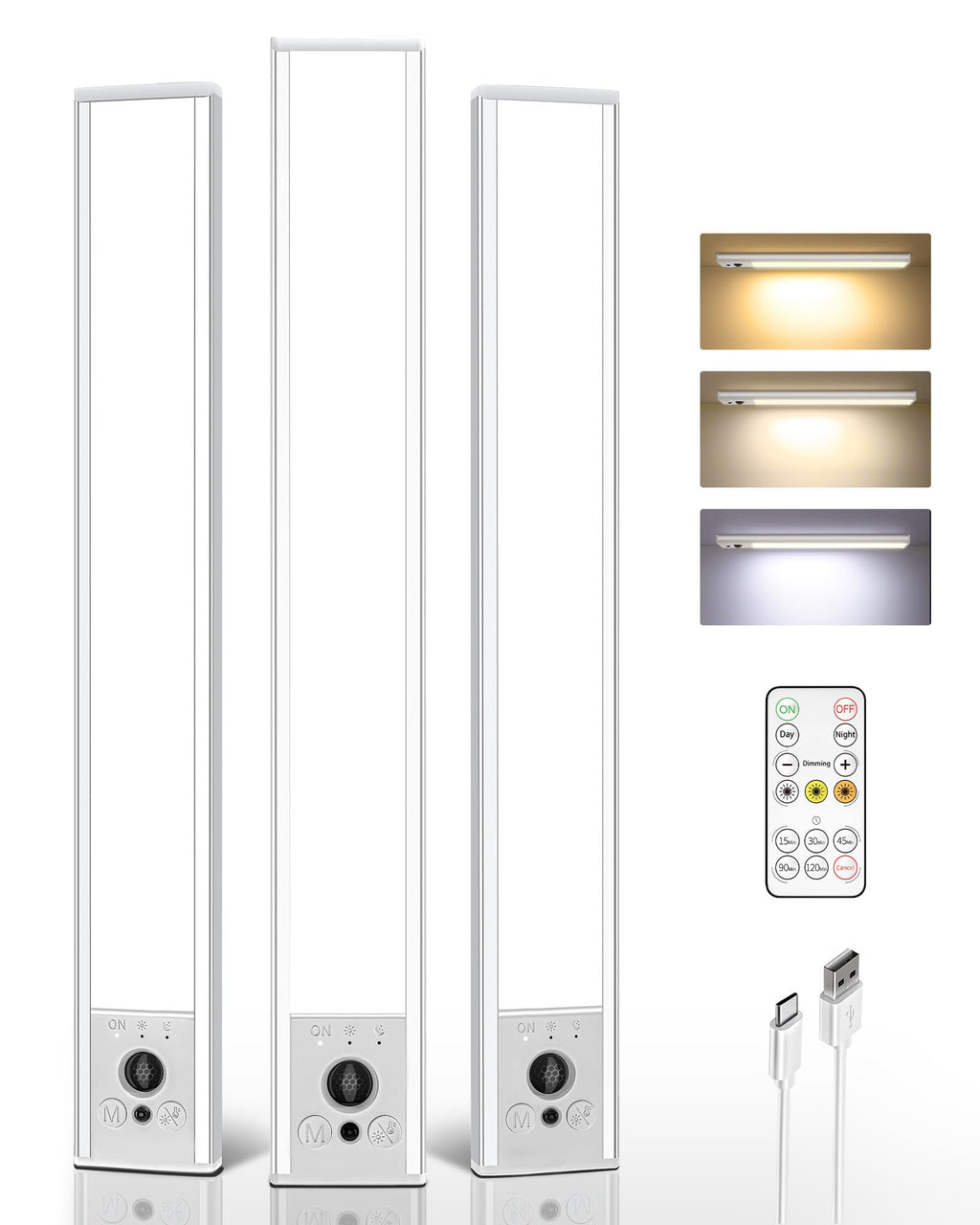 EZVALO 3-Pack Under Cabinet Lighting, 4000mAh Rechargeable Motion Sensor Light, 16inch Magnetic Closet Lights with Dimmable & 3 Color Temps, Wireless Motion Activated Lights with Remote for Kitchen