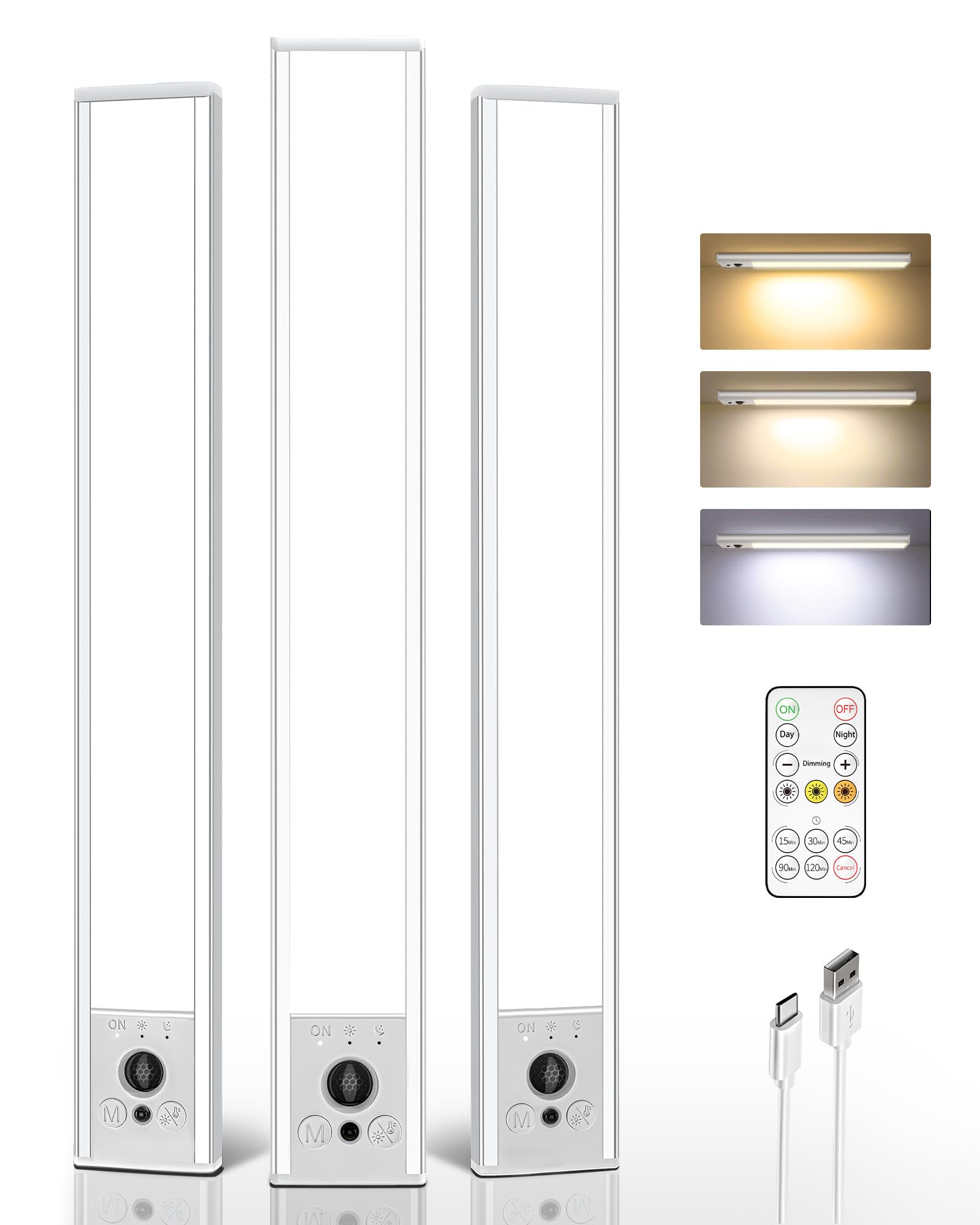 EZVALO 3-Pack Under Cabinet Lighting, 4000mAh Rechargeable Motion Sensor Light, 16inch Magnetic Closet Lights with Dimmable & 3 Color Temps, Wireless Motion Activated Lights with Remote for Kitchen