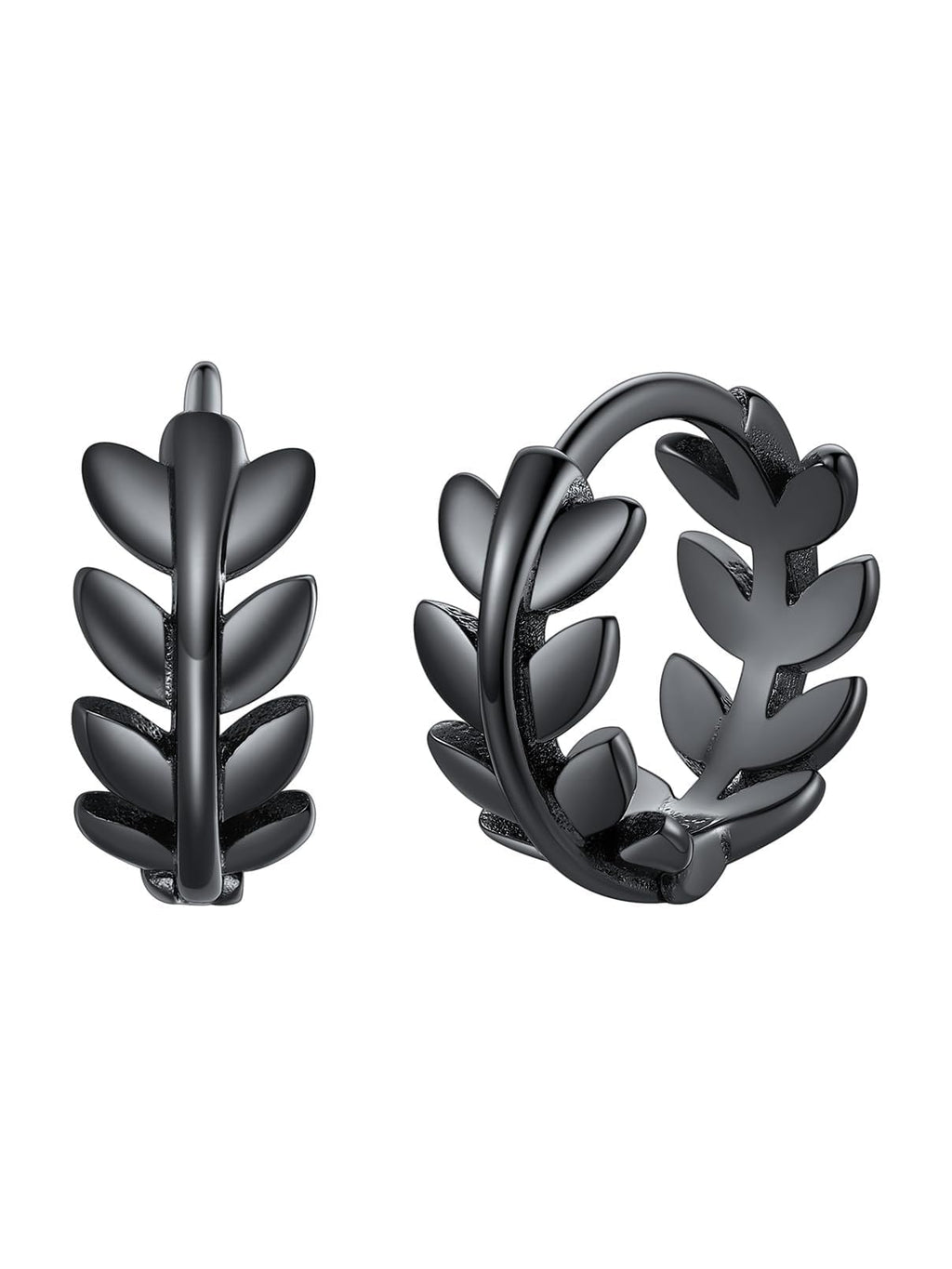 FaithHeart Small Black Leaf Hoop Earrings for Women, Black Stainless Steel Huggie Hoops Earrings Lightweight Hypoallergenic Jewelry for Sensitive Ears