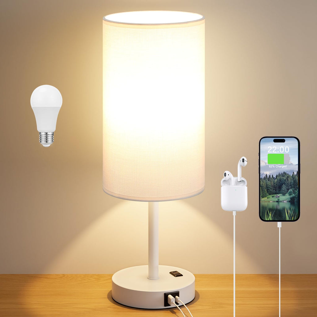Dicoool Touch Bedside Table Lamp with USB - 3 Way Dimmable White Lamp for Bedroom Nightstand, Desk Lamp with Charging Station for Dorm, Office, Kids Room, Living Room