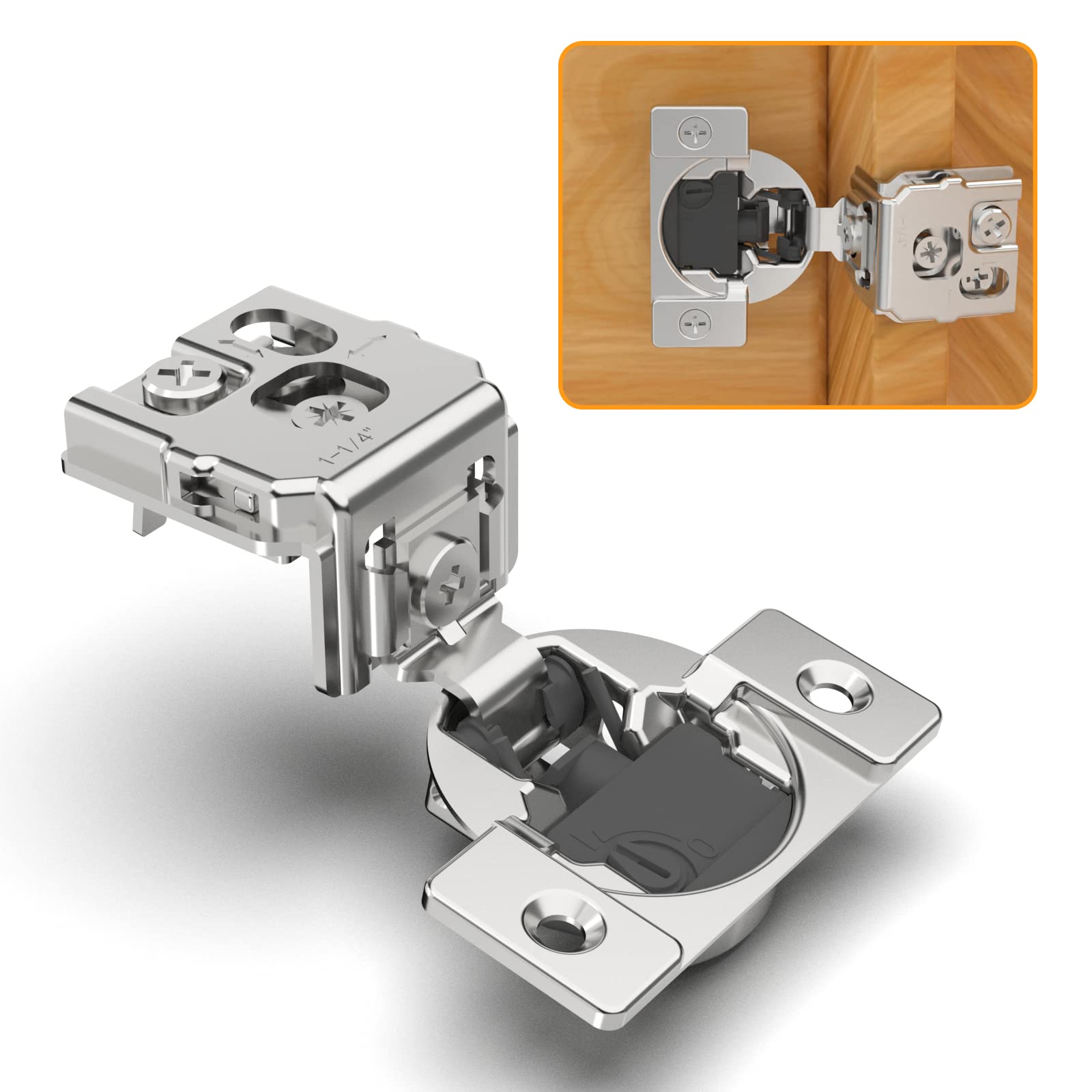Chibery 30 Pack 1-1/4" 4D Overlay Soft Close Concealed Hinges for Face Frame Door, Control Closing Speed, Smooth Slow Self Closing Hinges, Satin Nickel, 105° Open Angle Stainless Steel Cabinet Hinge