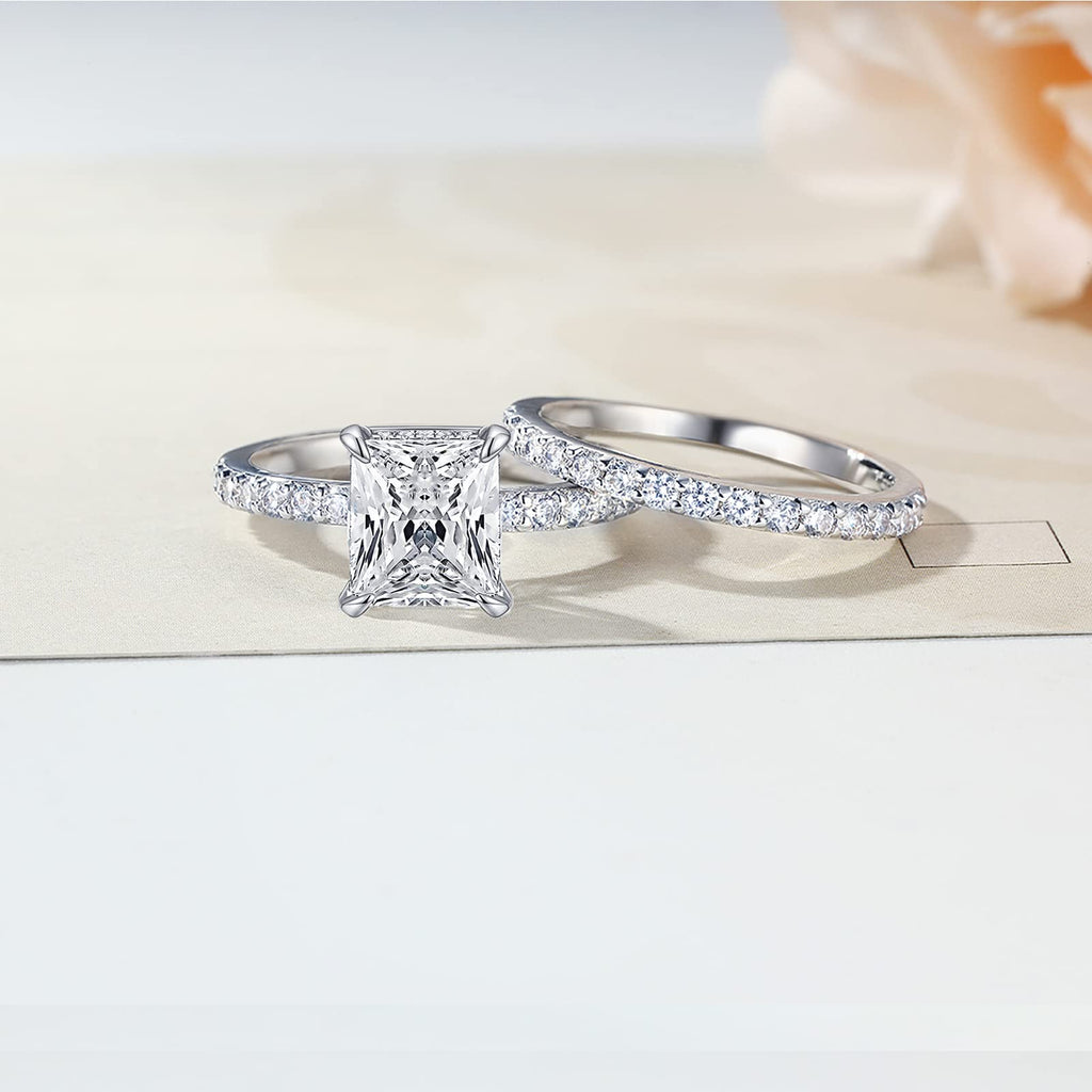AONED Engagement Rings For Women Wedding Rings Fake Engagement Ring Set Promise Rings For Her 2 Carat 2CT Radiant Cubic Zirconia CZ Bridal Ring Sets Wedding Rings Cheap Band 2pcs, Size 8