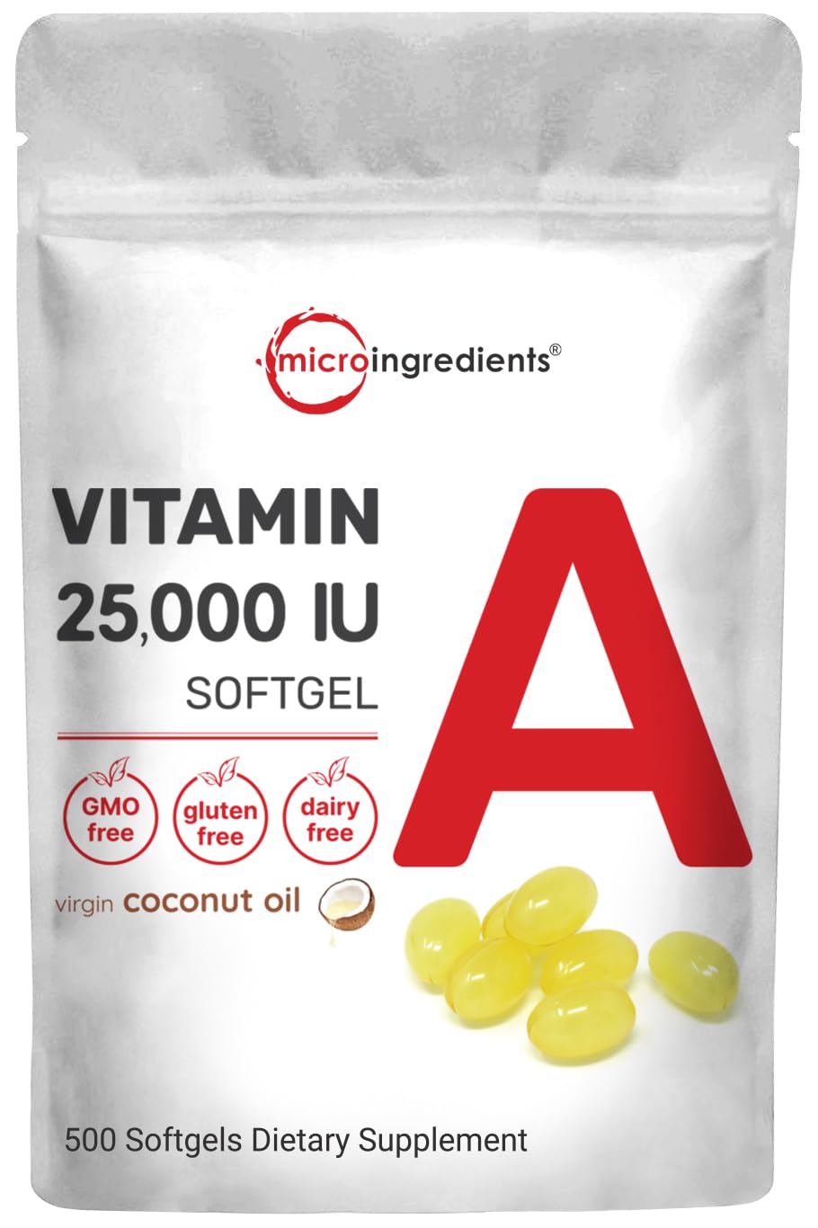 Maximum Strength Vitamin A 25000 IU | 500 Softgels with Coconut Oil for Better Absorption | Essential Vitamins | Non-GMO, Easy to Swallow