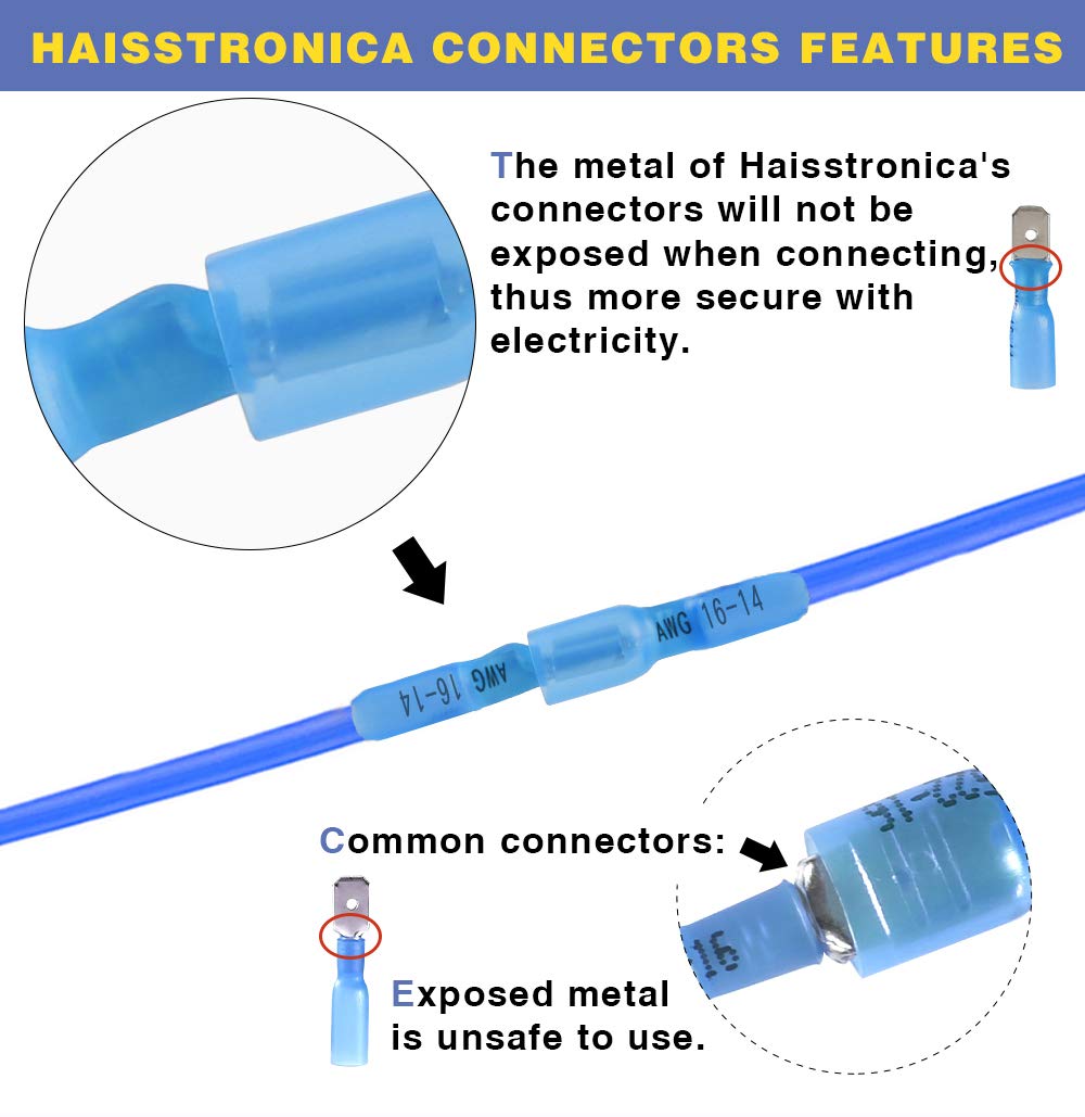 haisstronica 150PCS Yellow Heat Shrink Male Spade Connectors,AWG 12-10 Heat Shrink Male Spade Terminlas Kit,Speaker Wire Connector, Electrical Quick Disconnect Wire Connectors