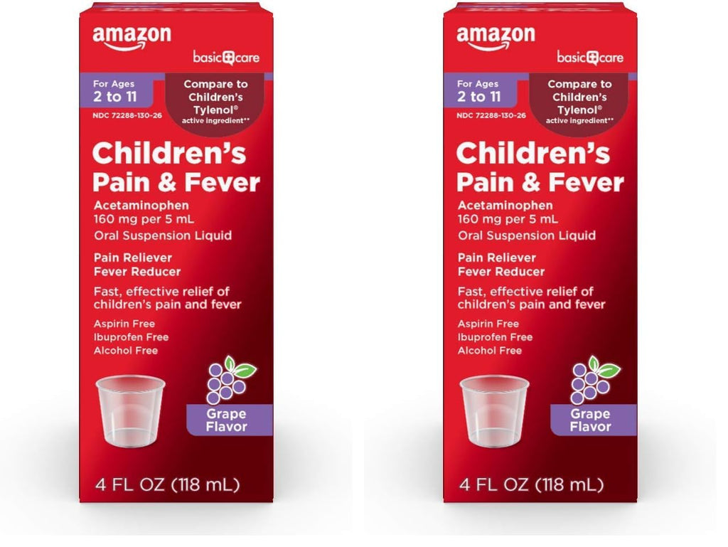 Amazon Basic Care Children's Acetaminophen 160 mg per 5 mL Oral Suspension, Grape Flavor, Pain Reliever and Fever Reducer for Headache, Sore Throat and Toothache, 4 fl oz (Pack of 2)