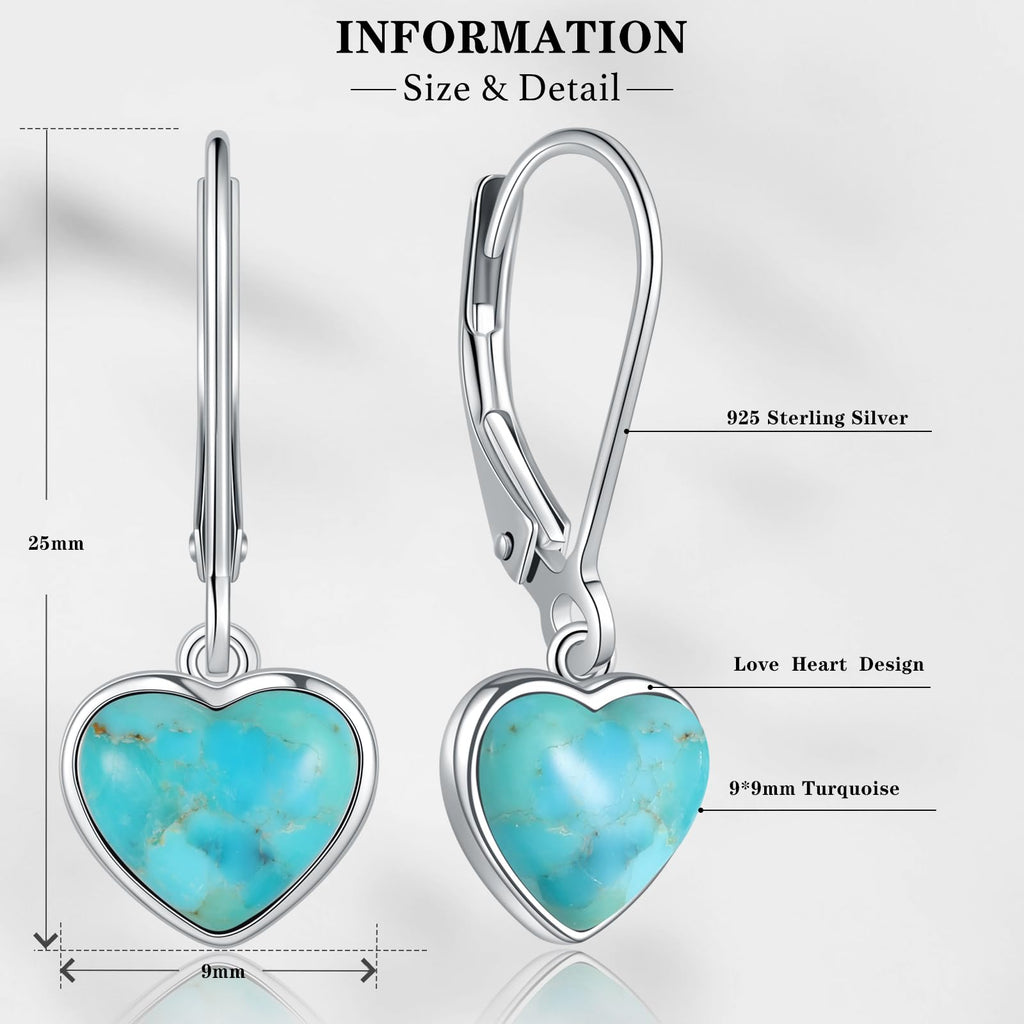 Phyonio Heart Natural Turquoise Earrings for Women - Top AAA Grade, Hypoallergenic 925 Sterling Silver Leverback Dangle Earrings, Trendy Jewelry Gifts