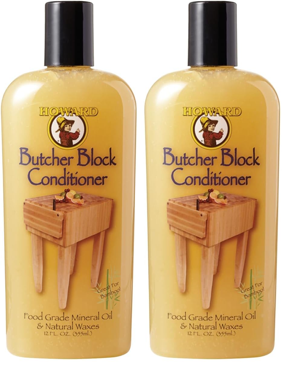 Howard Products Butcher Block Conditioner and Food Grade Mineral Oil for Wood Cutting Boards, 12 Fl Oz - Enhanced Wood Care (Pack of 2)