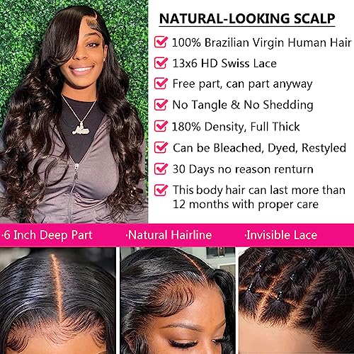 13x6 Body Wave Lace Front Wigs Human Hair Pre Plucked Glueless Wigs Human Hair 180% Density HD Transparent Lace Frontal Wigs Human Hair for Black Women Body Wave Wig 20 Inch