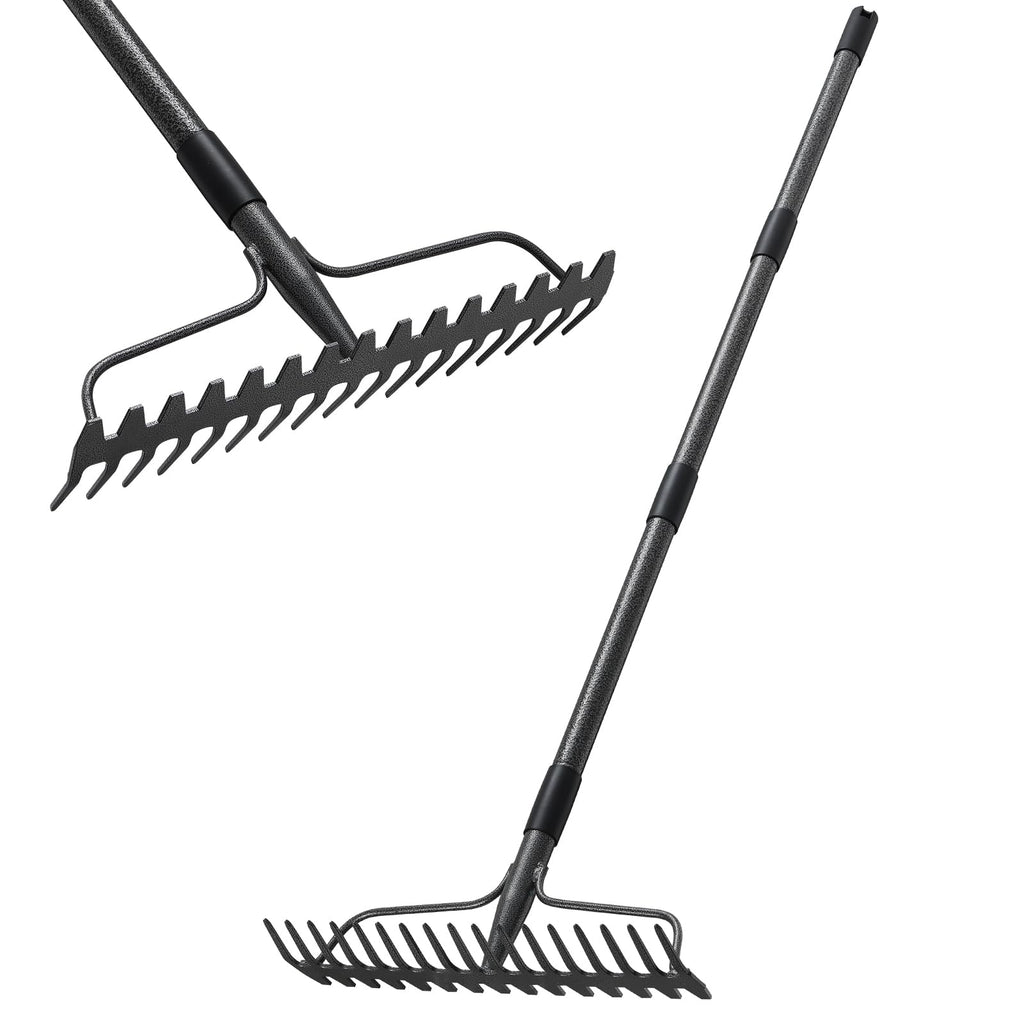 Bow Rake, Detachable Heavy Duty Metal Garden Rake for Loosening Soil, Leveling Lawn, Leaves Cleaning,63 Inch Long Handle Yard Rock Rake for Gardening,17 Prongs Leaf RakeThatch Rake for Lawn