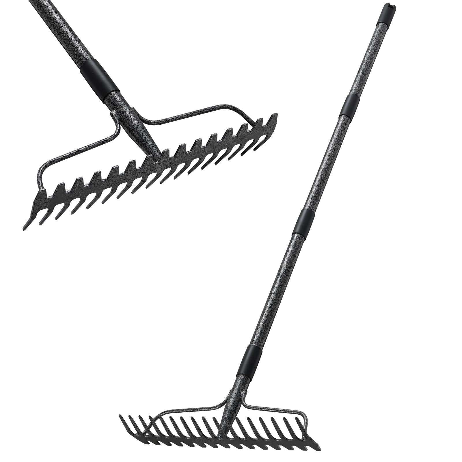 Bow Rake, Detachable Heavy Duty Metal Garden Rake for Loosening Soil, Leveling Lawn, Leaves Cleaning,63 Inch Long Handle Yard Rock Rake for Gardening,17 Prongs Leaf RakeThatch Rake for Lawn