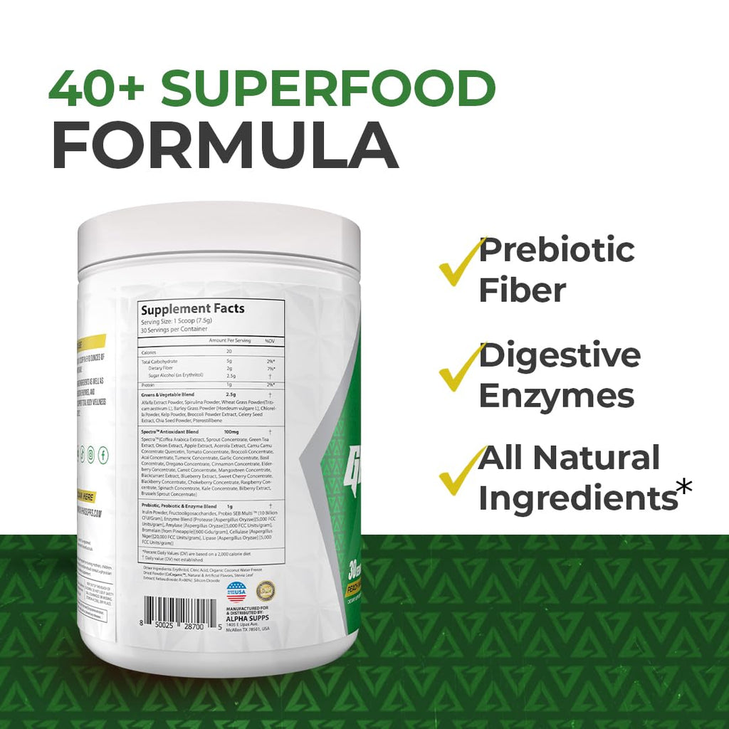 Alpha Supps - Alpha Greens Supplement | Fruit & Vegetable Superfood Powder | Over 40 Natural Plant Based Ingredients | Prebiotic & Probiotic Digestive Support Blend - 30 Servings (Orange Cherry)