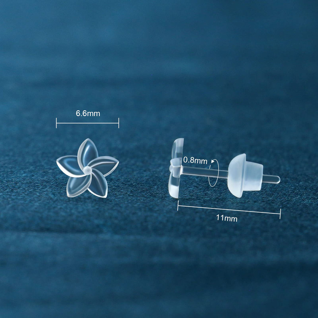 MRI Safe Clear Plastic Earrings for Surgery & Sports, Hypoallergenic Medical Grade Earrings for Sensitive Ears, 20G Silicone Retainer Studs for Women Men - 6 Pairs (Plumeria Flower Design)
